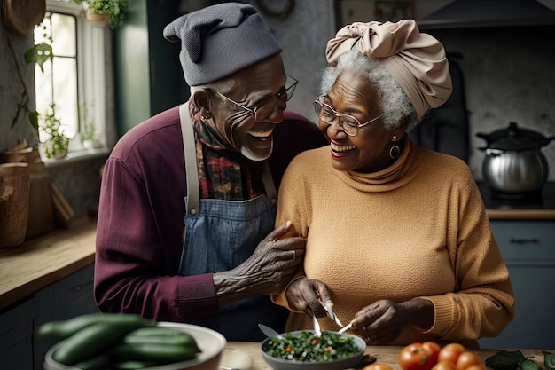 Gelukkig bejaard Afrikaans stel koken in een keuken veganistische maaltijden Generatieve AI