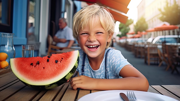 Gelukkig blond kind gelukkig lachend op witte t-shirt zomerterras eten stukje watermeloen