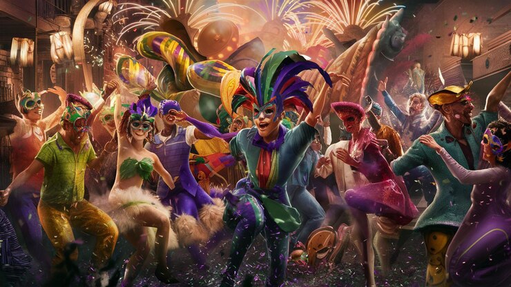 Foto gelukkig carnaval feestelijk concept met muzikale trompetmasker carnavalsmasker vector illustratie