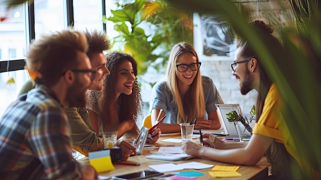 Gelukkig creatief marketingteam dat een nieuw zakelijk project plant en op kantoor werkt