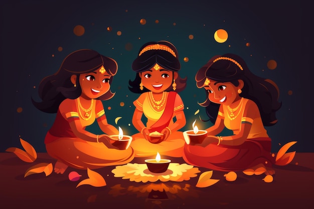 Gelukkig diwali-festival van India schattige cartoonkinderen met diwali diya