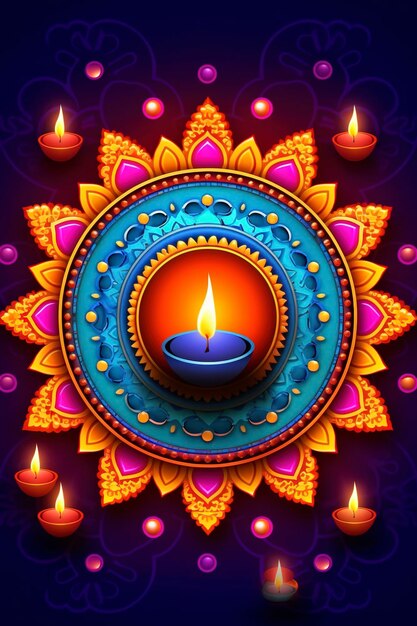 Gelukkig Diwali-festival van licht kleurrijke achtergrond met decoratieve Diya-lamp en Rangoli