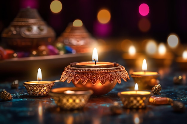 Gelukkig diwali of deepavali traditioneel indisch festival met klei diya olielamp Indisch hindoe-festival