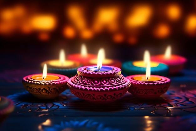 Gelukkig diwali of deepavali traditioneel indisch festival met klei diya olielamp Indisch hindoe-festival