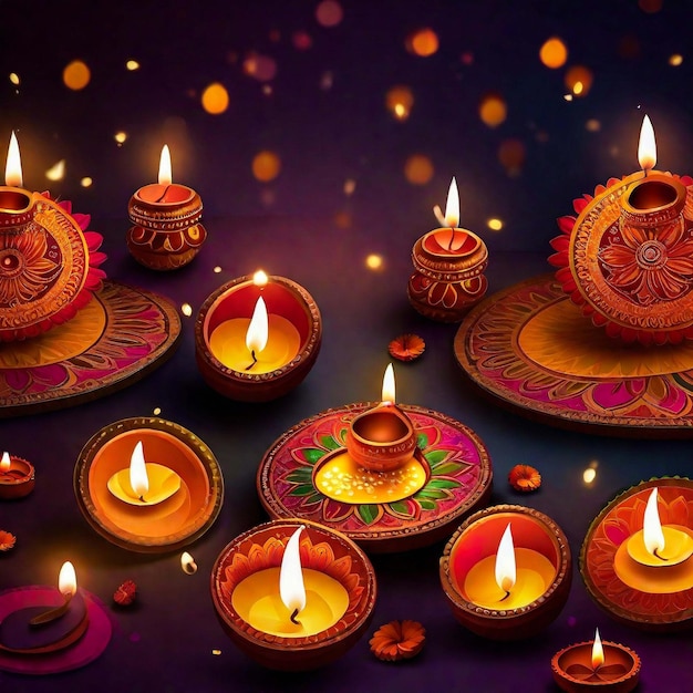 Gelukkig Diwali veelhoekig Indiaas Diya-olielampontwerp met rond grenskader op Indisch feestelijk thema