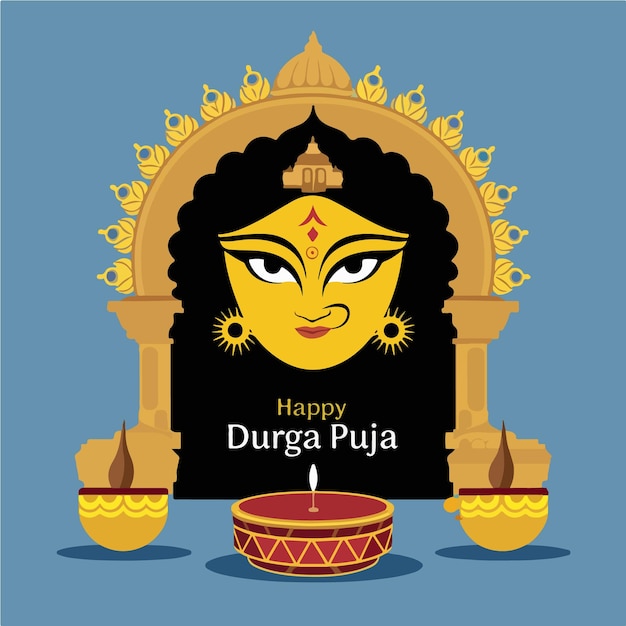 Gelukkig Durga Puja typografisch met Durga gezicht
