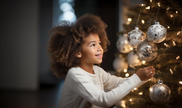 Gelukkig een klein meisje van gemengd ras met Afro-Amerikaans haar dat de kerstboom versiert in de woonkamer