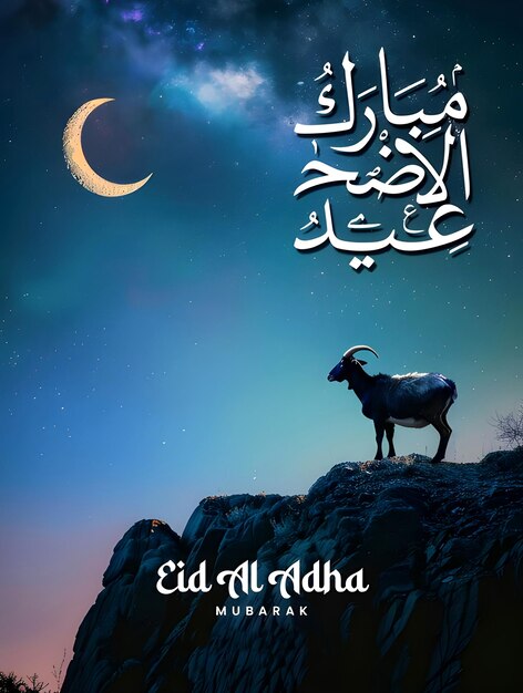 Foto gelukkig eid al adha poster sjabloon met achtergrond geit silhouet heuvel nacht tegen