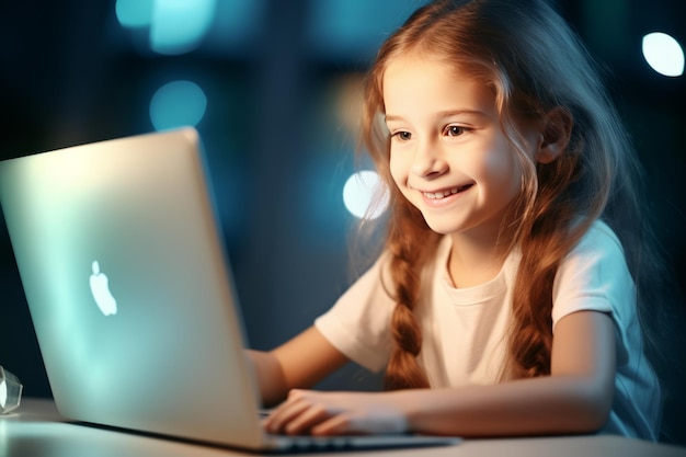 Gelukkig en betrokken Het verkennen van de wereld van online leren met een laptop en een klein meisje