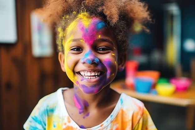 gelukkig en glimlachend Afro-Amerikaans kind meisje viert zijn verjaardag levendige en levendige kleuren