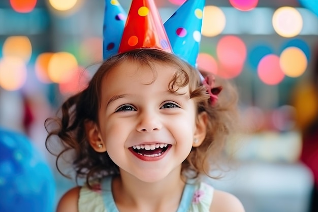 Gelukkig en glimlachend kind meisje viert zijn verjaardag