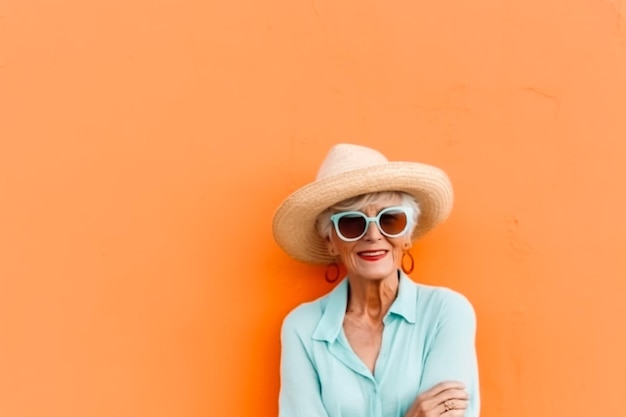 Gelukkig en grappig cool oude dame met modieuze kleding portret op gekleurde achtergrond Jeugdige gra