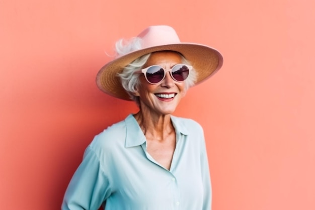 Gelukkig en grappig cool oude dame met modieuze kleding portret op gekleurde achtergrond Jeugdige gra
