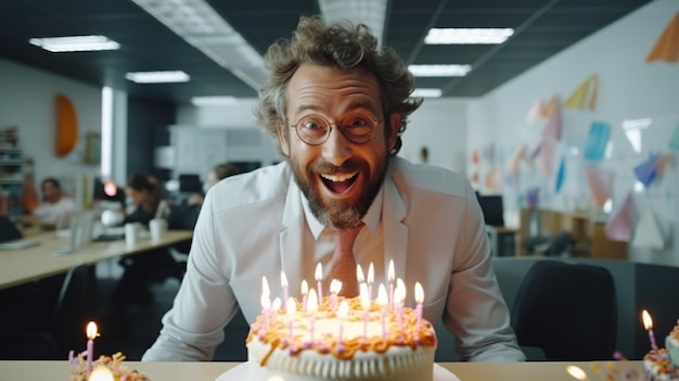Gelukkig en lachende zakenman baas met vrolijke, gekke blik viert zijn verjaardag in een modern kantoor