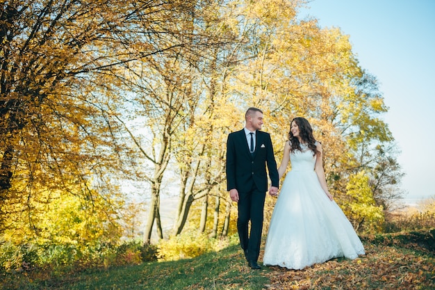 Gelukkig en verliefd bruid en bruidegom lopen in herfst park op hun trouwdag