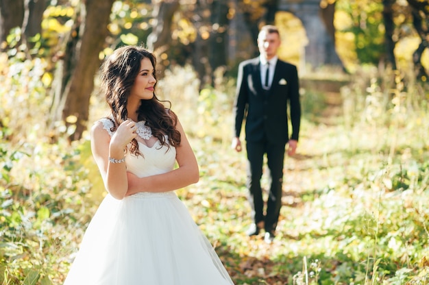 Gelukkig en verliefd bruid en bruidegom lopen in herfst park op hun trouwdag
