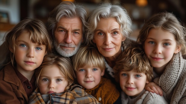 Foto gelukkig familieportret van meerdere generaties met lachende grootouders en kleinkinderen