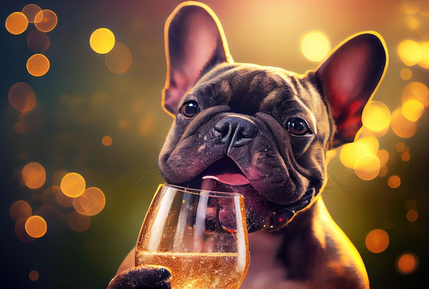 Gelukkig Franse Bulldog hond met geroosterd wijnglas in feest en gouden bokeh lichte achtergrond Dier en huisdier concept Digitale kunst illustratie Generatieve AI