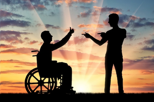 Gelukkig gehandicapte persoon in een rolstoel bij zonsondergang en kameraad die het ondersteunt. Het concept van personen met een handicap in de samenleving