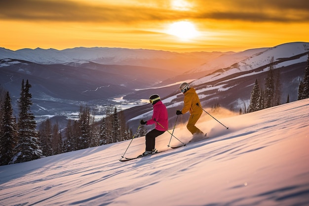 Gelukkig gepensioneerd stel skiën.