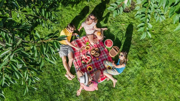 Gelukkig gezin met kinderen die picknicken in het park, ouders met kinderen die op tuingras zitten