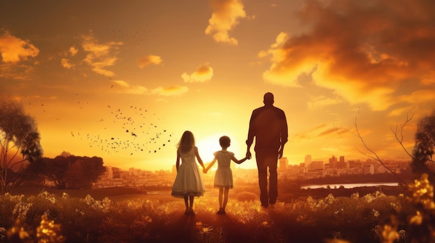 Gelukkig gezin moeder vader en kind dochter op de natuur op zonsondergang