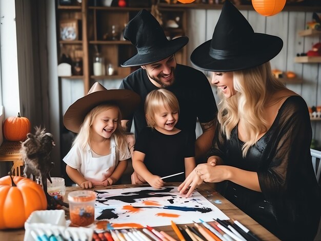 gelukkig gezin schilderen en plezier hebben in make-up kostuums op een viering van Halloween