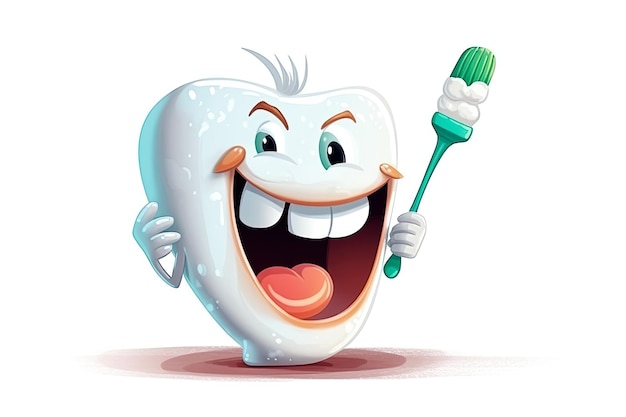 Gelukkig gezond karakter tand met tandenborstel op witte achtergrond Generatieve AI illustratie