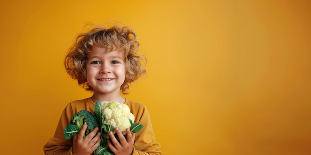 gelukkig glimlachend kind jongen kind houdt in handen een groenten broccoli en bloemkool op oranje achtergrond baby gezonde voeding voedsel