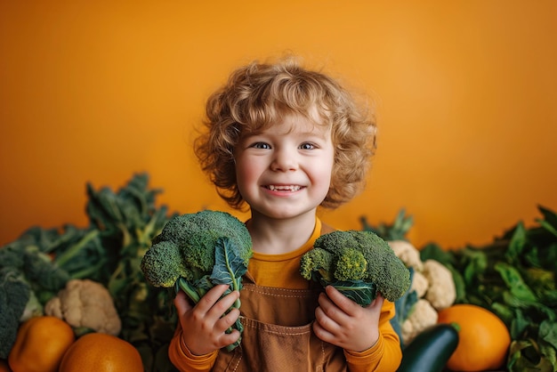 gelukkig glimlachend kind jongen kind houdt in handen een oogst broccoli op groenten achtergrond kinderen gezonde voeding voedsel