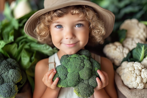 gelukkig glimlachend kind jongen kind houdt in handen een oogst van groenten bloemkool en broccoli