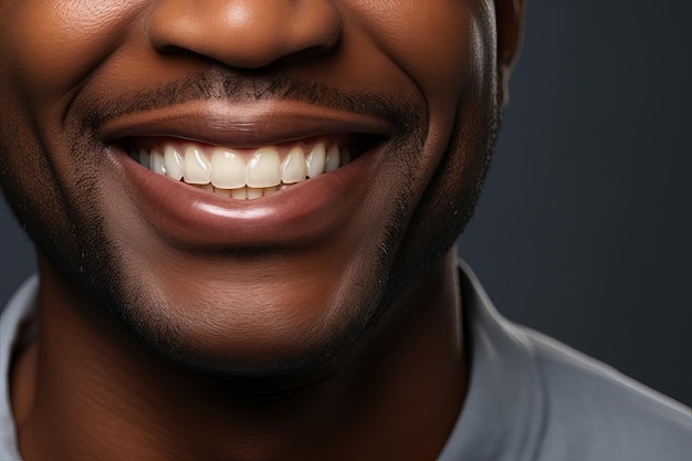 Gelukkig glimlachende Afro-Amerikaanse man met perfect witte, gelijkmatige tanden Tandenblekconcept Glimlachende mond close-up foto met kopieerruimte