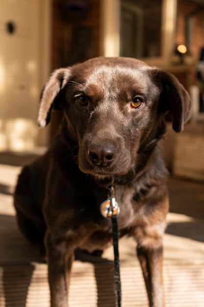 Gelukkig grote hond op de veranda van een landhuis herfst thema warme schaduw copyspace