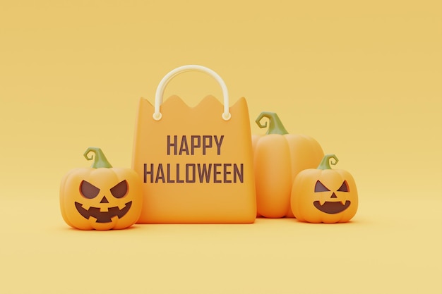 Gelukkig Halloween met JackoLantern-pompoenen en boodschappentas op gele achtergrond traditionele oktobervakantie 3D-rendering