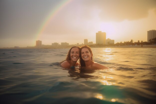 Gelukkig Hoger Homopaar dat bij LGBTQ Pride Parade in Tel Aviv Israël zwemt