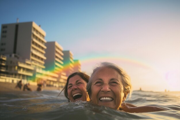Gelukkig Hoger Homopaar dat bij LGBTQ Pride Parade in Tel Aviv Israël zwemt