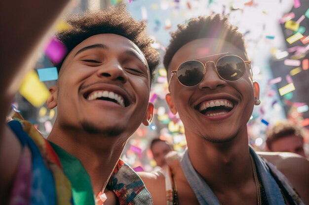 Gelukkig homopaar viert feest op LGBTQ Pride Parade in New York USA Pride Month Celebration