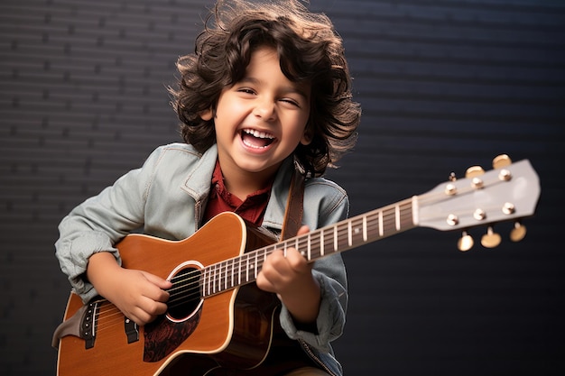 Gelukkig indisch kind dat gitaar speelt, een muziekinstrument