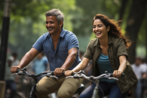 Gelukkig Indisch paar dat op de fiets in het park rijdt