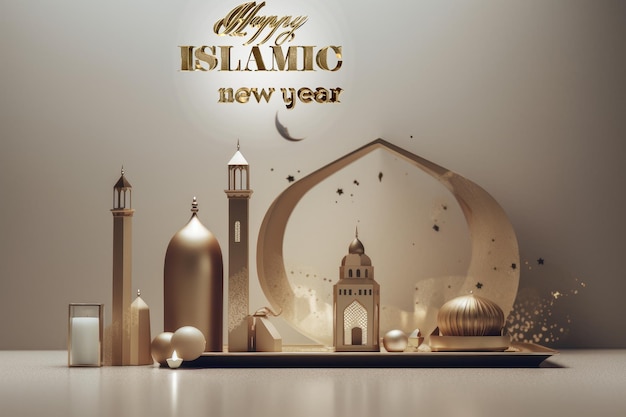 Gelukkig islamitisch nieuwjaar nieuwe maan Hijri jaar met halve maan gouden podium arabische lantaarn moskee 1440 Creatieve foto poster of banner wenskaart kopie ruimte Maan