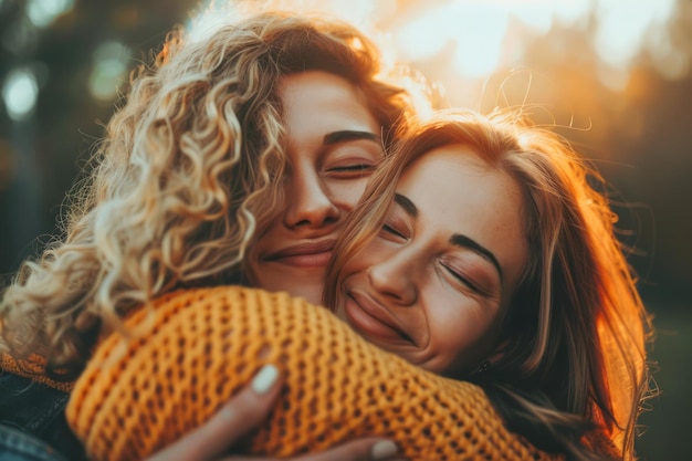 Gelukkig jong echtpaar omhelzend in liefdeslicht in het gouden uur Liefdevol romantisch moment in de natuur