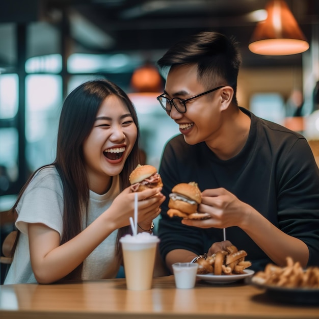 Gelukkig jong koppel eet in een fastfoodrestaurant.