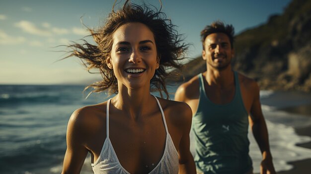 Gelukkig jong koppel in zwemkleding wandelen op het strand Glimlachende man en vrouw genieten van zomervakantiegenrative ai