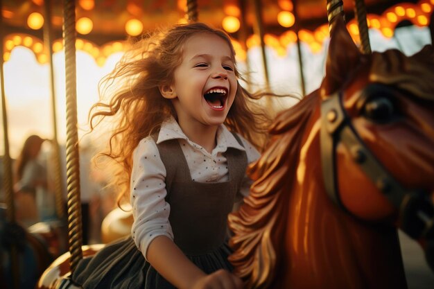 Gelukkig jong meisje geniet tijdens het spelen op een kleurrijke carrousel met plezier in een pretpark Kinderdag