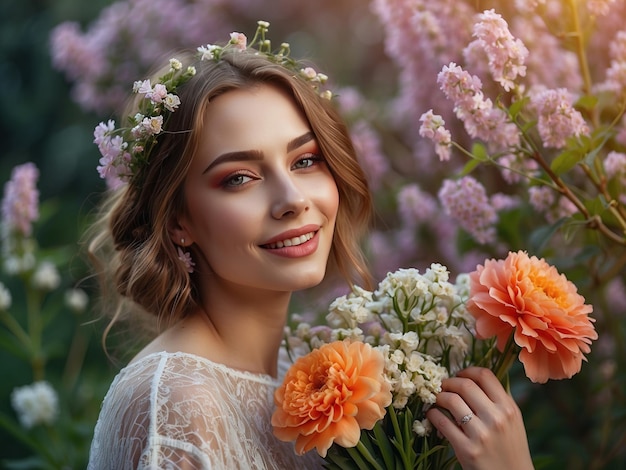 Gelukkig jong mooi meisje versierd met verse bloemen omringd door verse bloemen