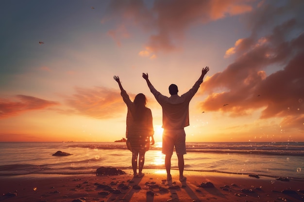 Foto gelukkig jong reispaar viert op het strand bij een prachtige zomer zonsondergang