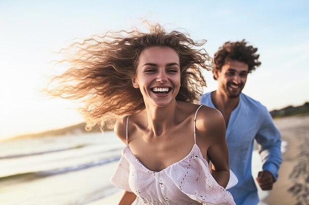 Gelukkig jong stel dat op het strand loopt Ai generatief beeld