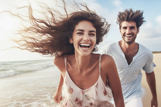 Gelukkig jong stel dat op het strand loopt Ai generatief beeld