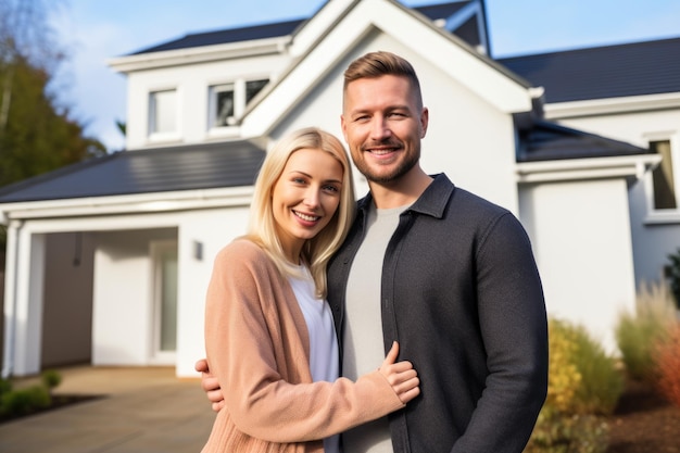 Foto gelukkig jong stel dat zich voor nieuw huis bevindt