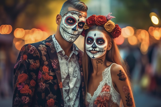 gelukkig jong stel met geschilderde schedel op zijn gezicht buitenshuis Viering van Mexico's Dag van de Doden